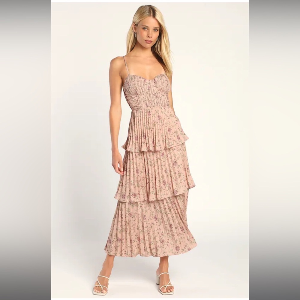 Lulus Cascading Crush Pink Floral Print Tiered Bustier Midi Dress